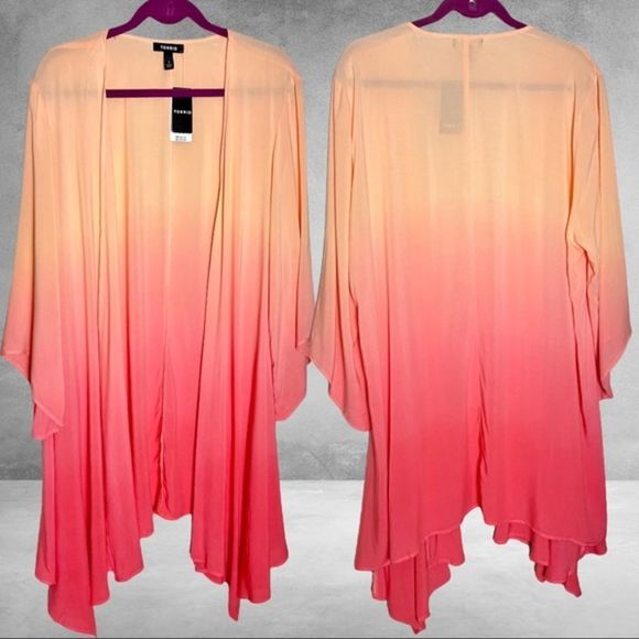 Torrid Chiffon Dip Dye Coral Drape Front Kimono NWT - Picture 3 of 15